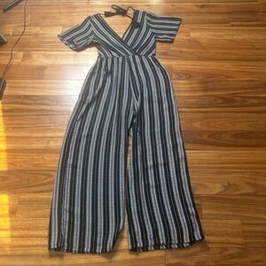 Xhilaration Striped Jumpsuit Wide Leg Surplice Neckline Black White Size S‎
